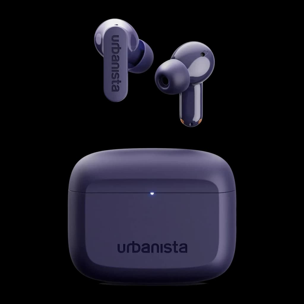 Auriculares Urbanista Palo Alto True Wireless Cancelación de Ruido TWS Violeta, vista frontal: estuche cerrado con LED azul