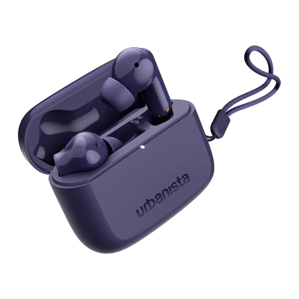 Auriculares Urbanista Palo Alto True Wireless Cancelación de Ruido TWS Violeta, detalle: estuche abierto con earbuds dentro