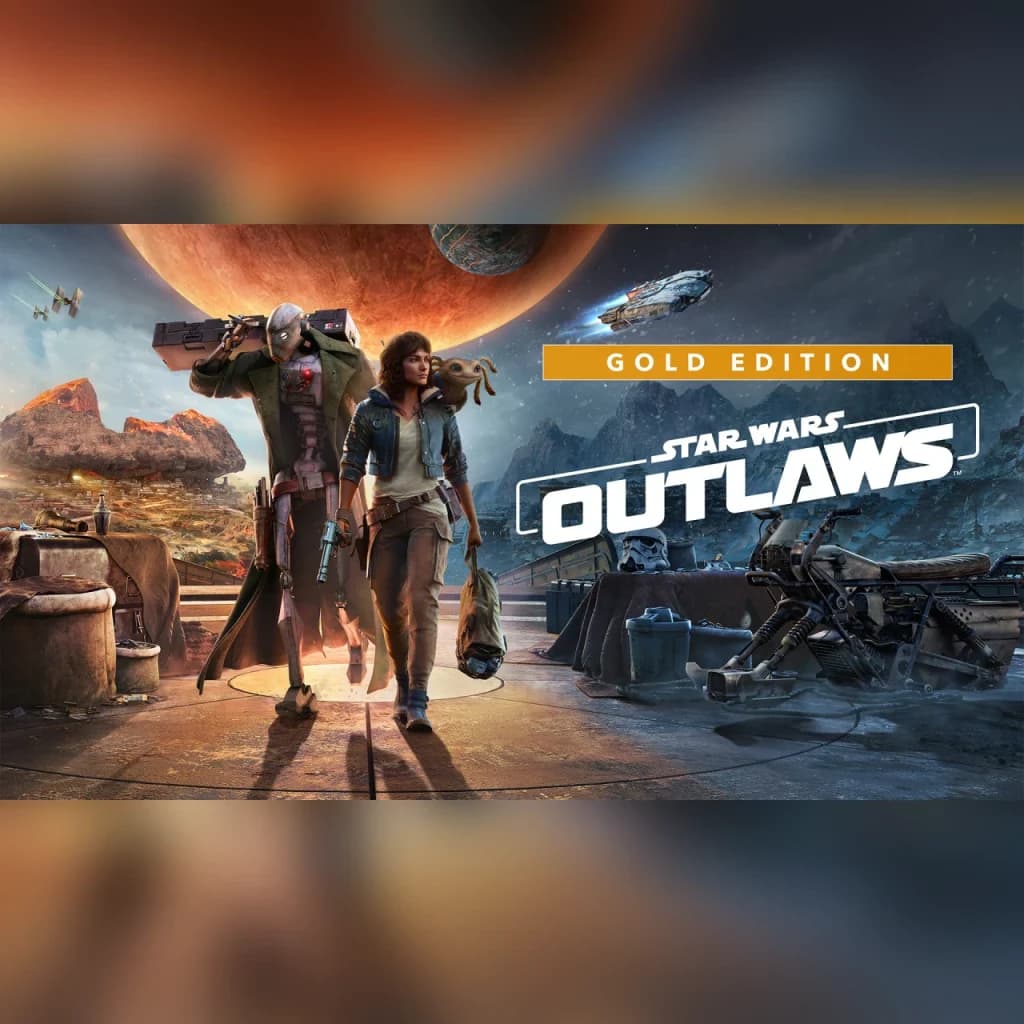 Ubisoft Star Wars Outlaws Gold Edition Nintendo Switch 2, em uso: arte principal com Kay Vess, Nix e aliado ante planeta