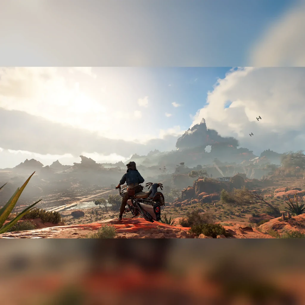 Ubisoft Star Wars Outlaws Gold Edition Nintendo Switch 2, em uso: protagonista em speeder bike contemplando paisagem