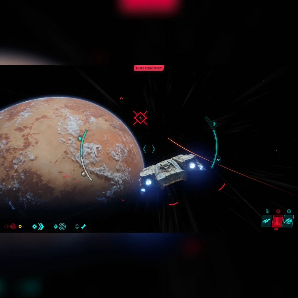 Ubisoft Star Wars Outlaws Gold Edition Nintendo Switch 2, em uso: combate espacial com nave perto de planeta vermelho e HUD