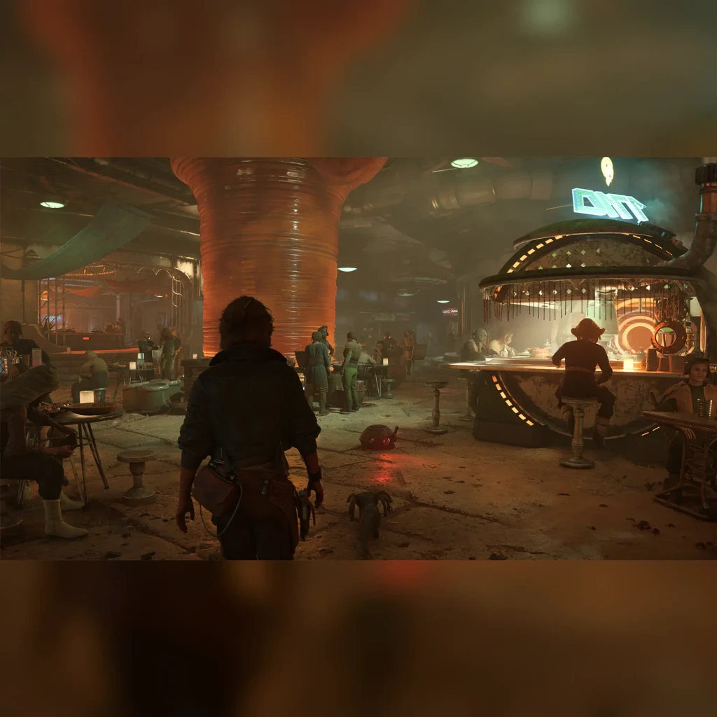 Ubisoft Star Wars Outlaws Gold Edition Nintendo Switch 2, em jogo: Kay Vess de costas em cantina alienígena com balcão