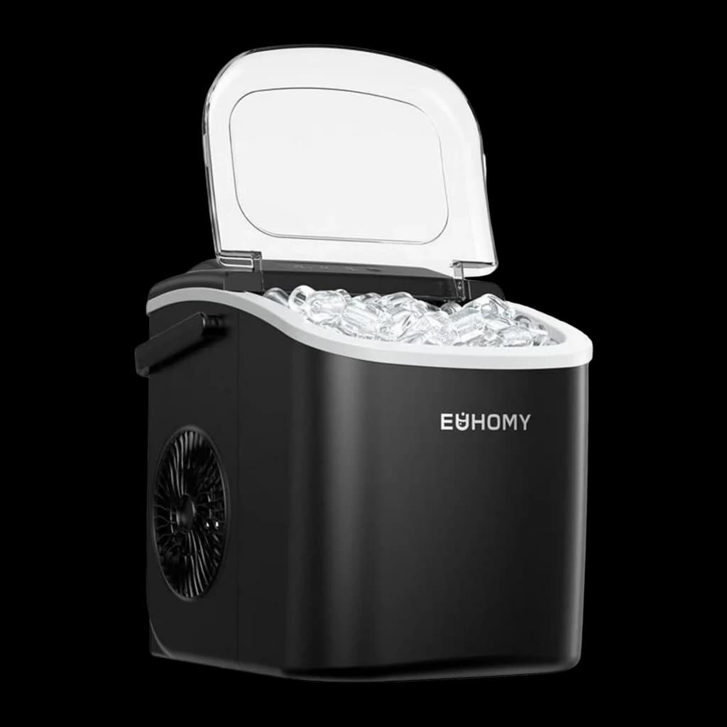 Máquina de gelo Euhomy IM001 1,2L 90W Preto, vista frontal: tampa transparente aberta com cubos de gelo visíveis e grelha