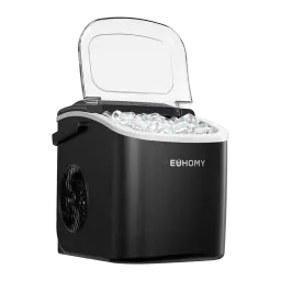 Máquina de gelo Euhomy IM001 1,2L 90W Preto, vista frontal: tampa transparente aberta com cubos de gelo visíveis e grelha