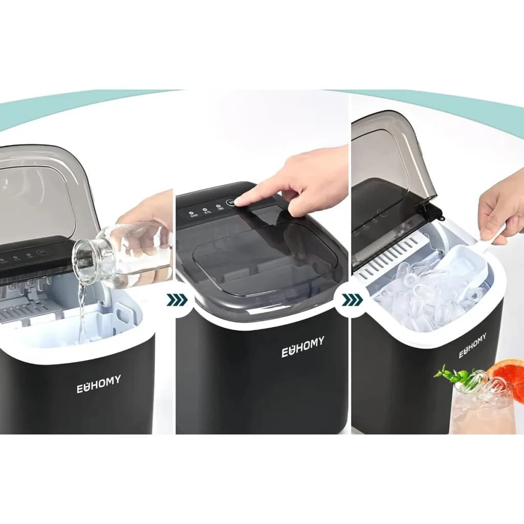Máquina de gelo Euhomy IM001 1,2L 90W Preto, uso passo a passo: adicionar água, pressionar painel e recolher gelo