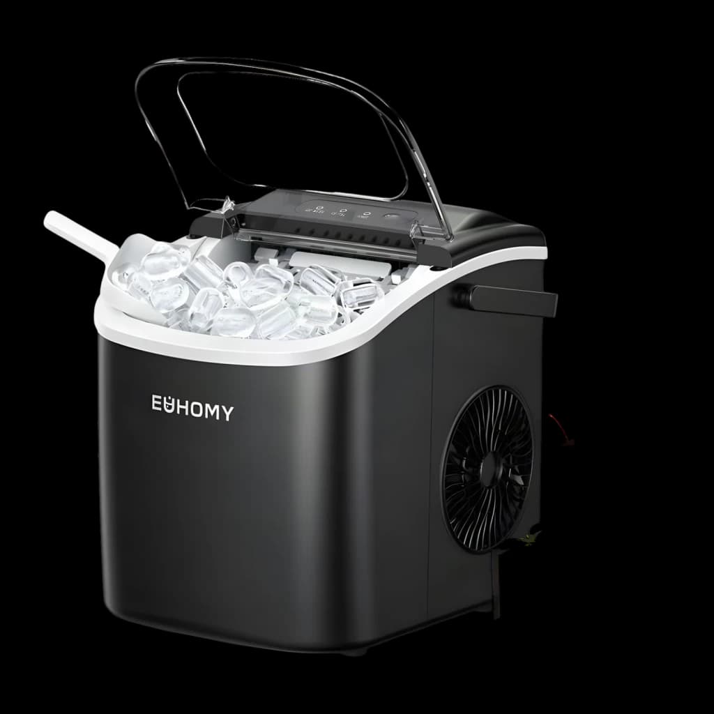 Máquina de gelo Euhomy IM001 1,2L 90W Preto, detalhe: tampa aberta com cesto cheio de gelos, ventilador lateral e painel
