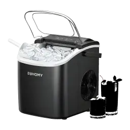 Máquina de gelo Euhomy IM001 1,2L 90W Preto, detalhe: tampa aberta com cesto cheio de gelos, ventilador lateral e painel