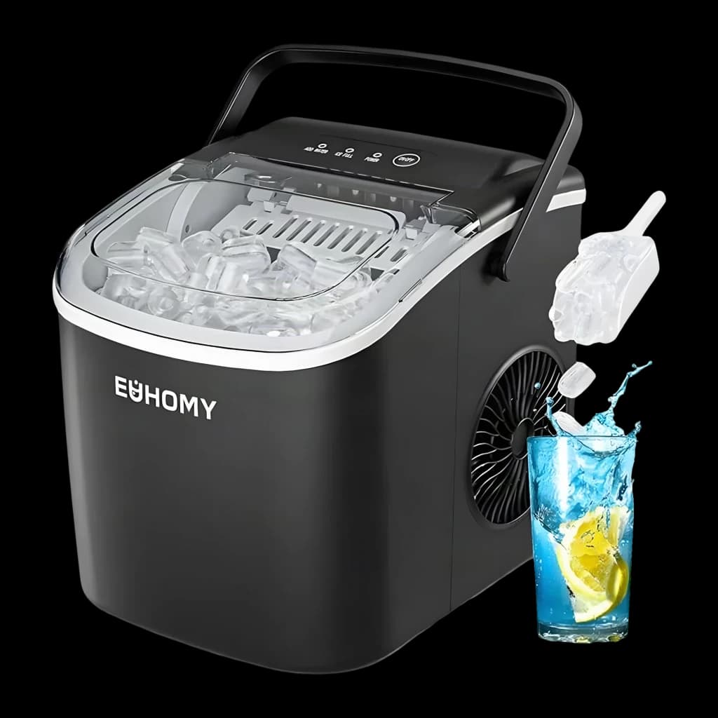 Máquina de gelo Euhomy IM001 1,2L 90W Preto, detalhe: tampa transparente com gelos, pega, ventilador lateral e copo com limão