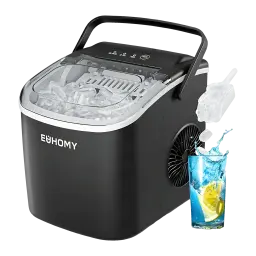 Máquina de gelo Euhomy IM001 1,2L 90W Preto, detalhe: tampa transparente com gelos, pega, ventilador lateral e copo com limão