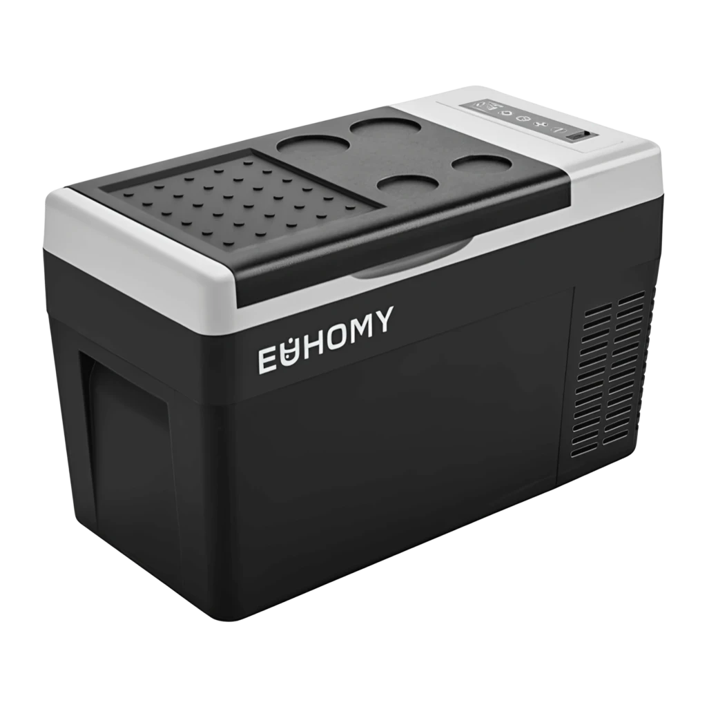 Frigorífico portátil Euhomy CF004 19L 45-60W Preto, vista frontal: tampa com porta-copos, painel tátil e grelha lateral