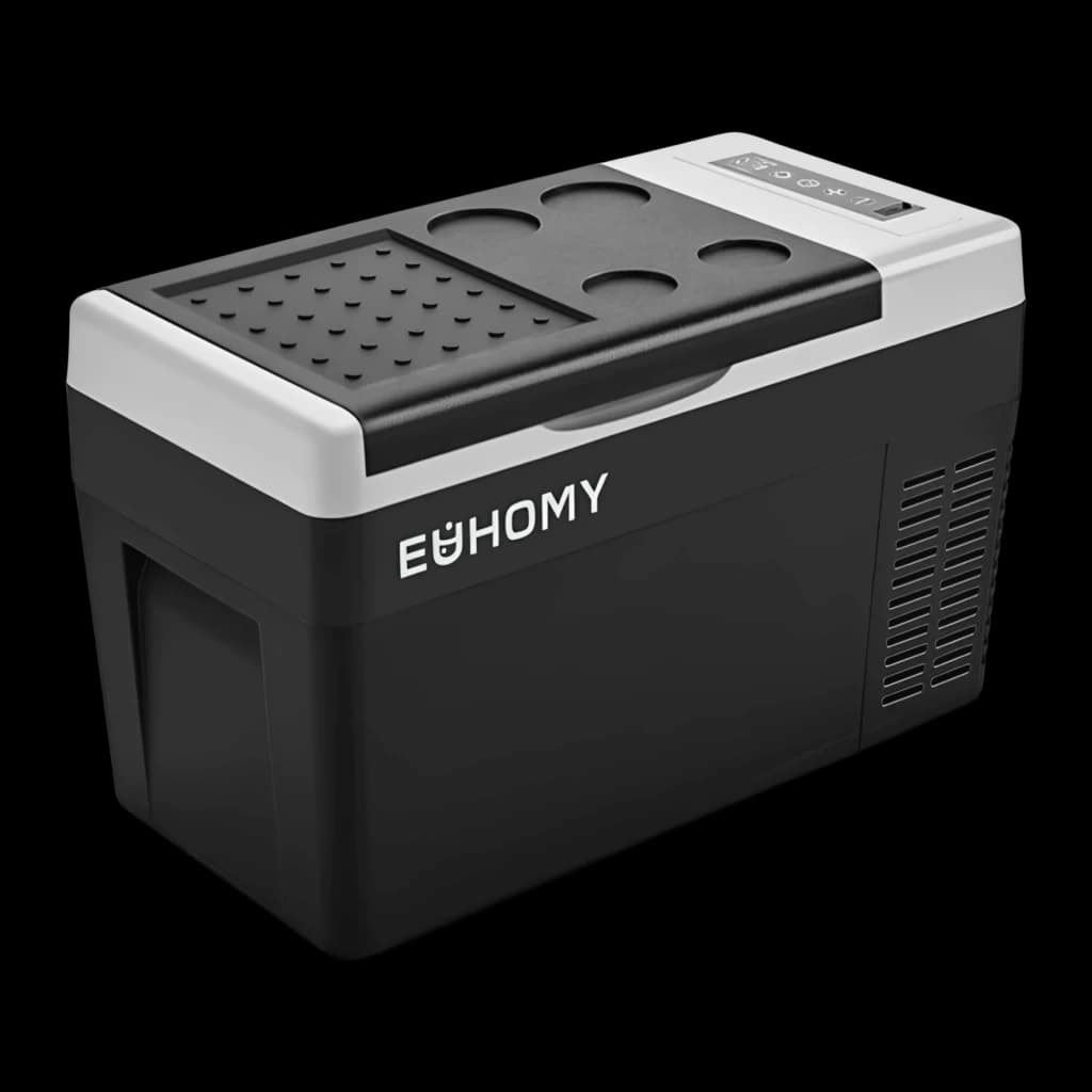 Frigorífico portátil Euhomy CF004 19L 45-60W Preto, vista frontal: tampa com porta-copos, painel tátil e grelha lateral