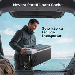 Frigorífico portátil Euhomy CF004 19L 45-60W Preto, uso: homem retirando o frigorífico do porta-malas do carro, dimensões