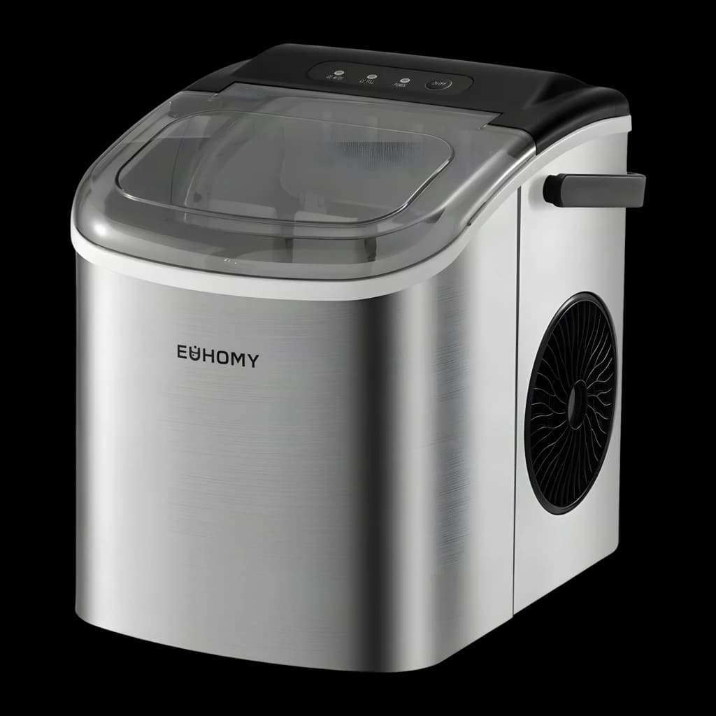 Máquina de gelo Euhomy IM001 1,2L 90W Prata, vista frontal: corpo escovado, tampa transparente, painel de controlo e grelha