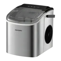 Máquina de gelo Euhomy IM001 1,2L 90W Prata, vista frontal: corpo escovado, tampa transparente, painel de controlo e grelha