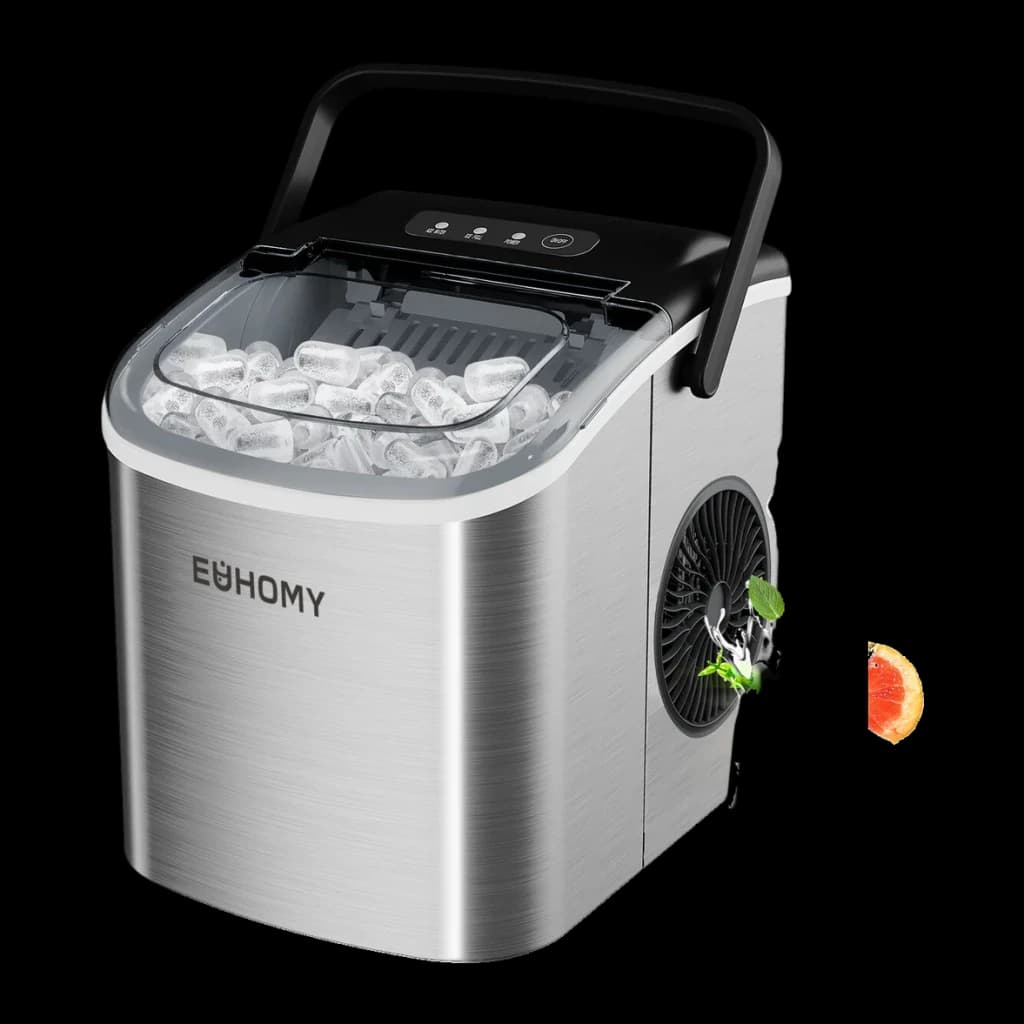 Máquina de gelo Euhomy IM001 1,2L 90W Prata, detalhe: tampa aberta com cubos de gelo, alça preta e ventilador lateral