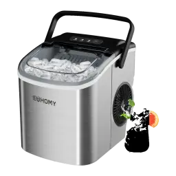 Máquina de gelo Euhomy IM001 1,2L 90W Prata, detalhe: tampa aberta com cubos de gelo, alça preta e ventilador lateral