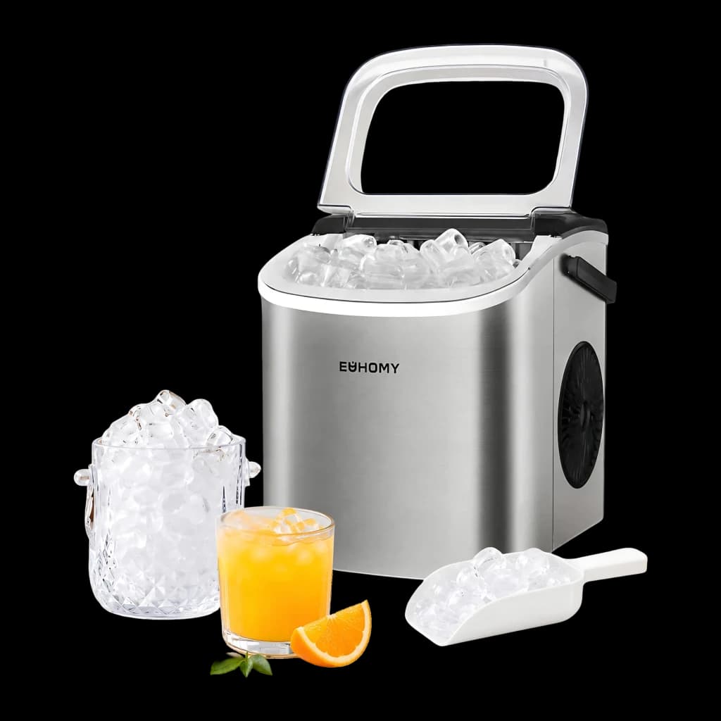 Máquina de gelo Euhomy IM001 1,2L 90W Prata, detalhe: tampa aberta com gelo, balde, copo de laranja e pá