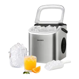 Máquina de gelo Euhomy IM001 1,2L 90W Prata, detalhe: tampa aberta com gelo, balde, copo de laranja e pá