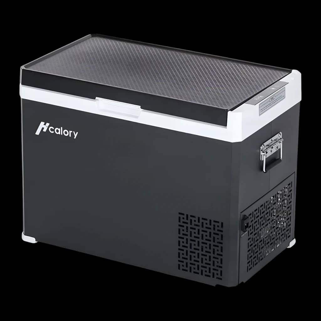 Nevera de coche Hcalory D30+ 50W 30L Dual Zone Negro, vista frontal: cuerpo negro con logo, rejilla lateral y tapa