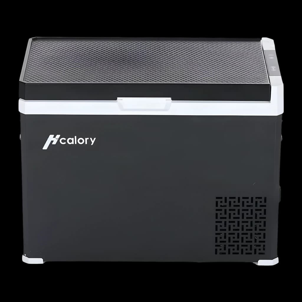 Nevera de coche Hcalory D30+ 50W 30L Dual Zone Negro, detalle: lateral con logo, rejilla ventilación y tapa texturizada
