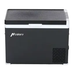 Nevera de coche Hcalory D30+ 50W 30L Dual Zone Negro, detalle: lateral con logo, rejilla ventilación y tapa texturizada