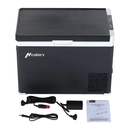 Nevera de coche Hcalory D30+ 50W 30L Dual Zone Negro, detalle: contenido de caja con cables y manual