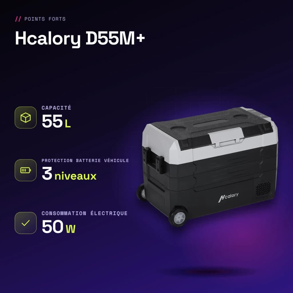 Glacière portable Hcalory D55M+ 50W 55L Dual Zone - caractéristiques