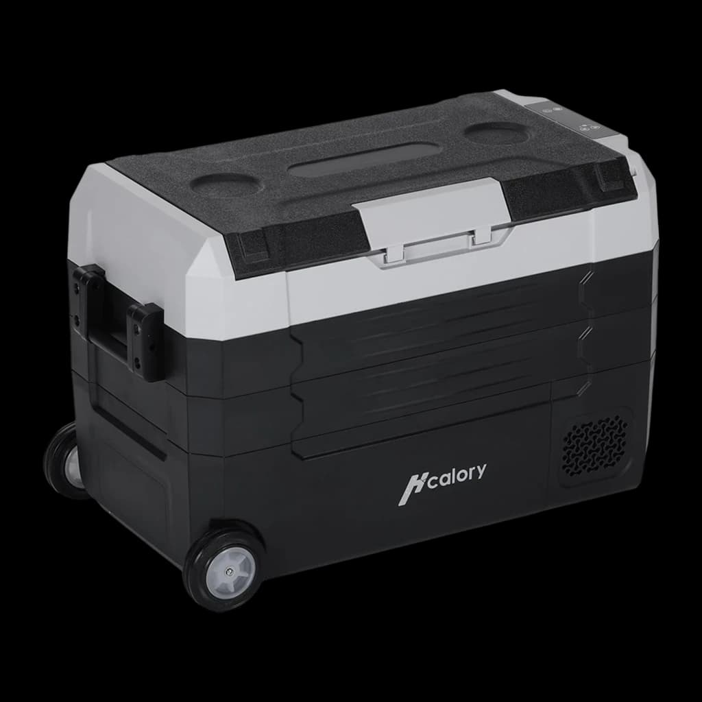 Glacière portable Hcalory D55M+ 50W 55L Dual Zone, vue de face: corps noir et gris avec roulettes, poignée centrale