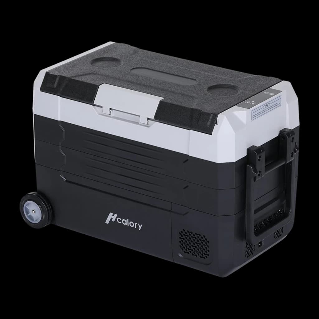 Glacière portable Hcalory D55M+ 50W 55L Dual Zone, détail: vue latérale avec roue, poignée télescopique et grille