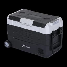 Glacière portable Hcalory D55M+ 50W 55L Dual Zone, détail: vue latérale avec roue, poignée télescopique et grille