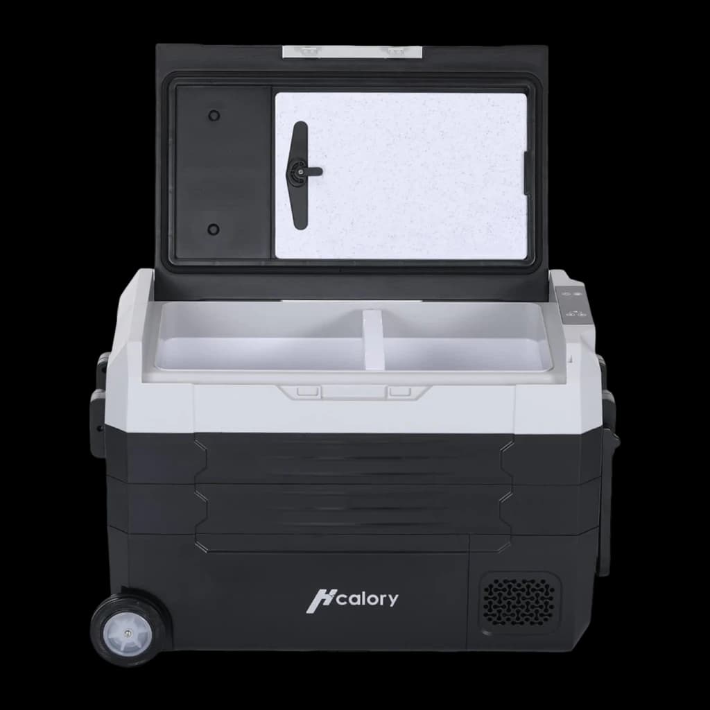 Glacière portable Hcalory D55M+ 50W 55L Dual Zone, détail: couvercle ouvert révélant le séparateur dual zone, intérieur