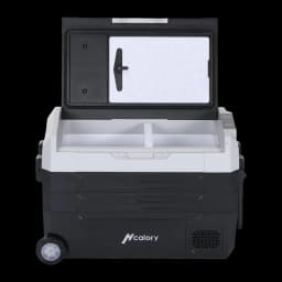 Glacière portable Hcalory D55M+ 50W 55L Dual Zone, détail: couvercle ouvert révélant le séparateur dual zone, intérieur