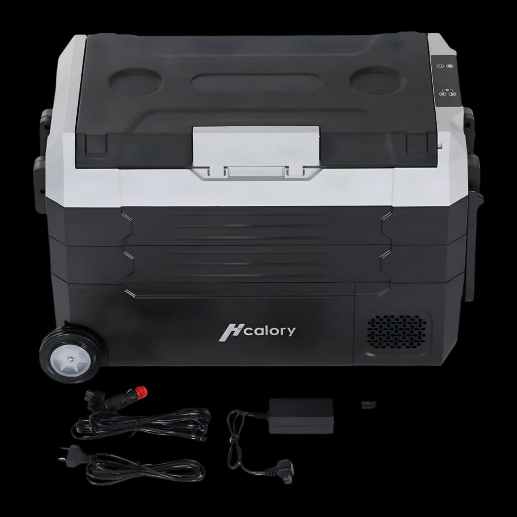Glacière portable Hcalory D55M+ 50W 55L Dual Zone, détail: vue de face avec roulettes, grille de ventilation et câbles
