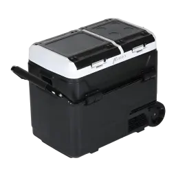 Nevera portátil Hcalory P60M+ 60L 50W, vista frontal: cuerpo negro con tapa bicolor, ruedas y asa telescópica