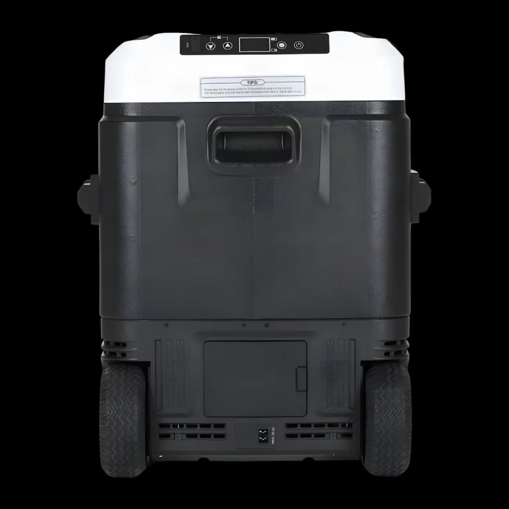 Nevera portátil Hcalory P60M+ 60L 50W, vista trasera: asa central, ruedas y panel de conexiones inferior