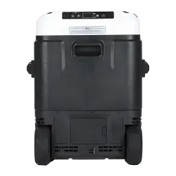 Nevera portátil Hcalory P60M+ 60L 50W, vista trasera: asa central, ruedas y panel de conexiones inferior