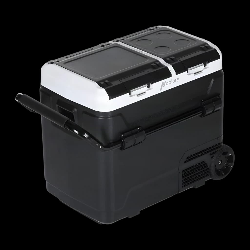 Nevera de coche Hcalory P50M+ 50L, vista frontal: cuerpo negro con tapa bicolor, ruedas y asa telescópica