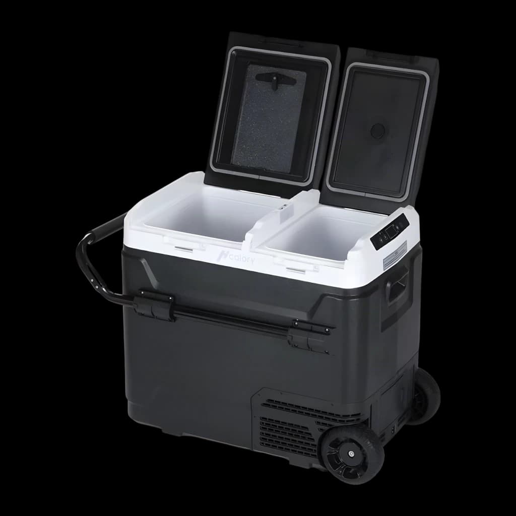 Nevera de coche Hcalory P50M+ 50L negra, detalle: doble tapa abierta, interior dividido, ruedas y panel de control