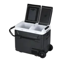 Nevera de coche Hcalory P50M+ 50L negra, detalle: doble tapa abierta, interior dividido, ruedas y panel de control