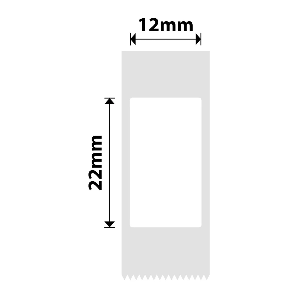 Etiquetas Térmicas Niimbot 12x22mm 260 uds Blanco T12*22-260, diagrama: cotas 12mm ancho y 22mm alto con borde dentado
