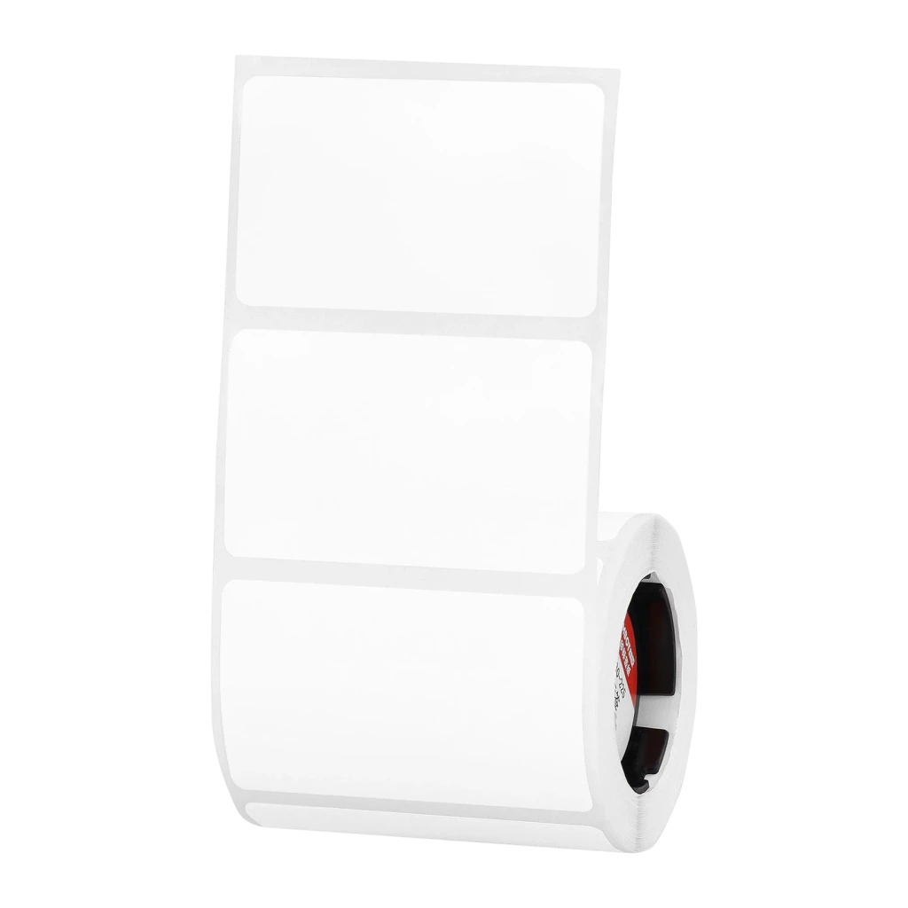 Etiquetas térmicas NIIMBOT Blanco EW50x30-225, vista frontal: rollo desplegado mostrando etiquetas rectangulares blancas