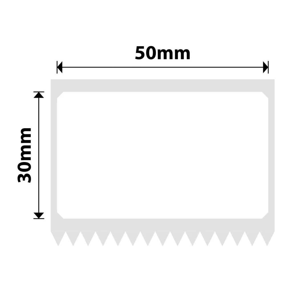 Etiquetas térmicas NIIMBOT Blanco EW50x30-225, diagrama: dimensiones 50x30 mm con bordes dentados y esquinas redondeadas