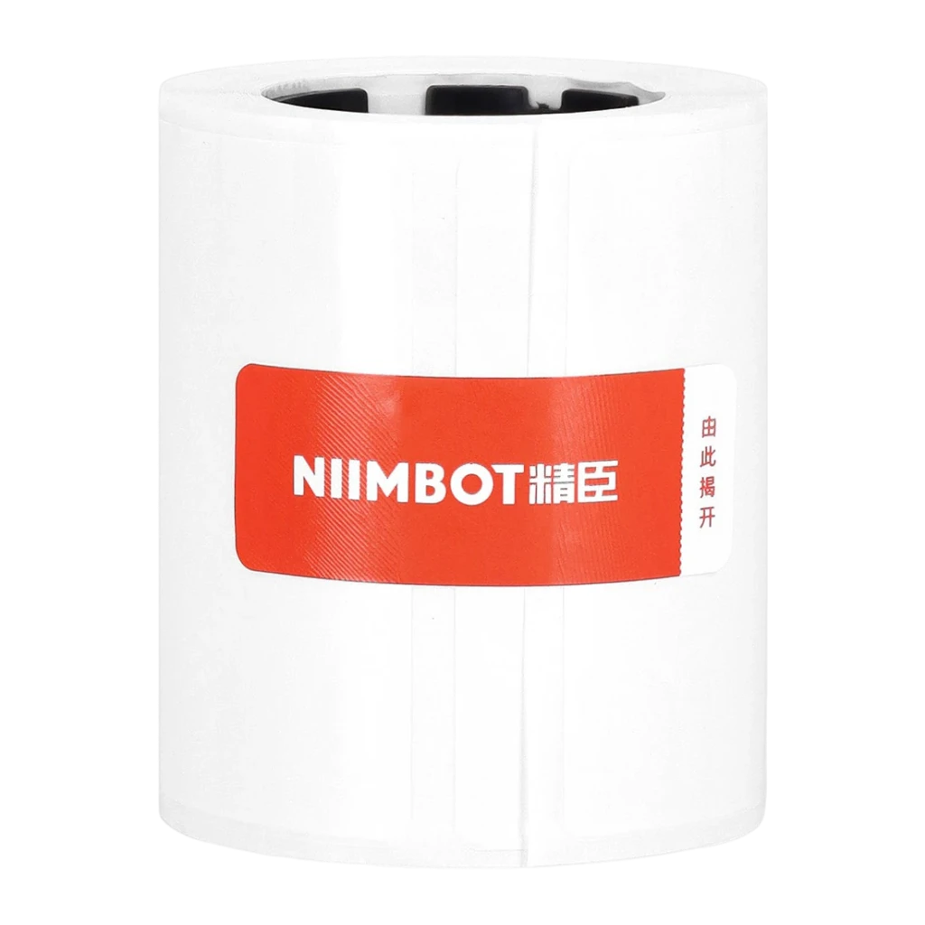 Etiquetas térmicas NIIMBOT Blanco EW50x30-225, detalle: rollo frontal con banda roja y logotipo NIIMBOT sobre fondo negro