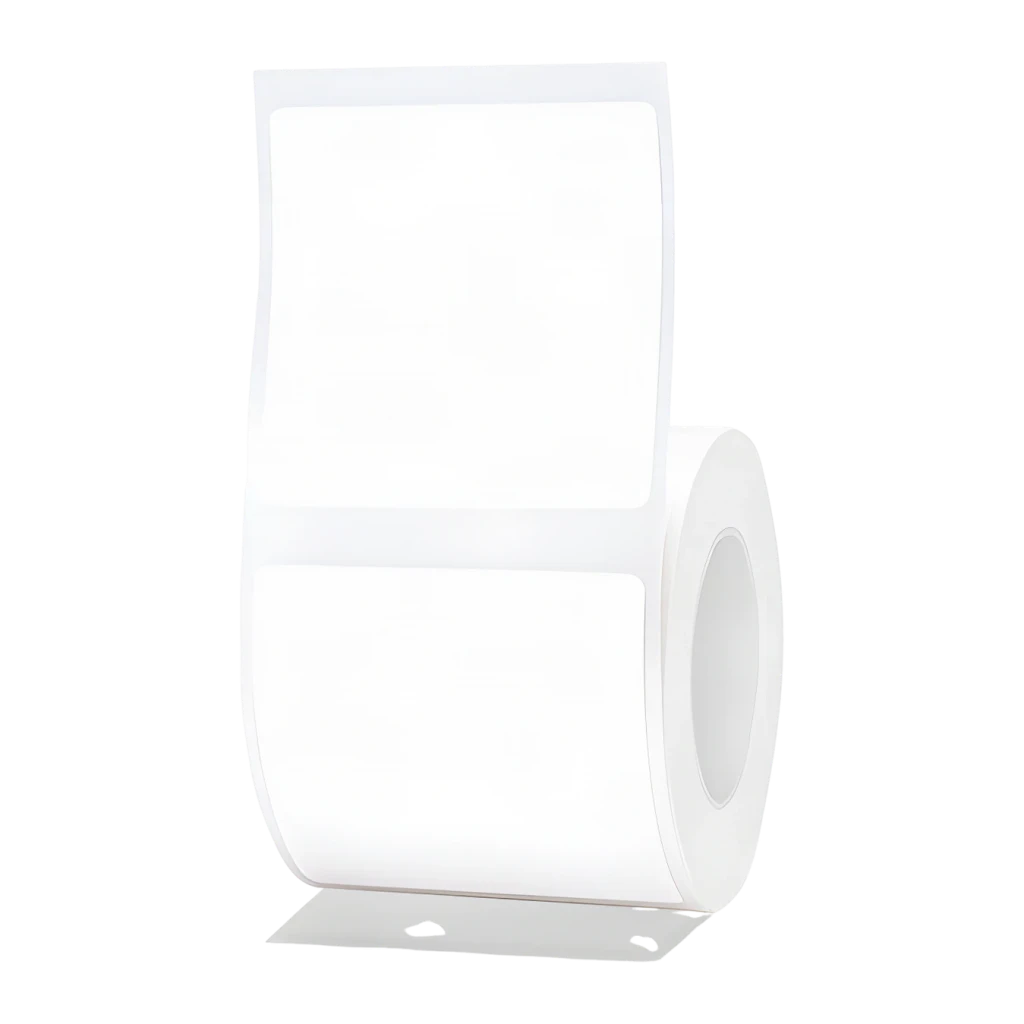 Etiquetas Térmicas Niimbot T 40x40mm 180 uds Blanco, detalle: rollo desplegado mostrando etiqueta cuadrada y núcleo interior