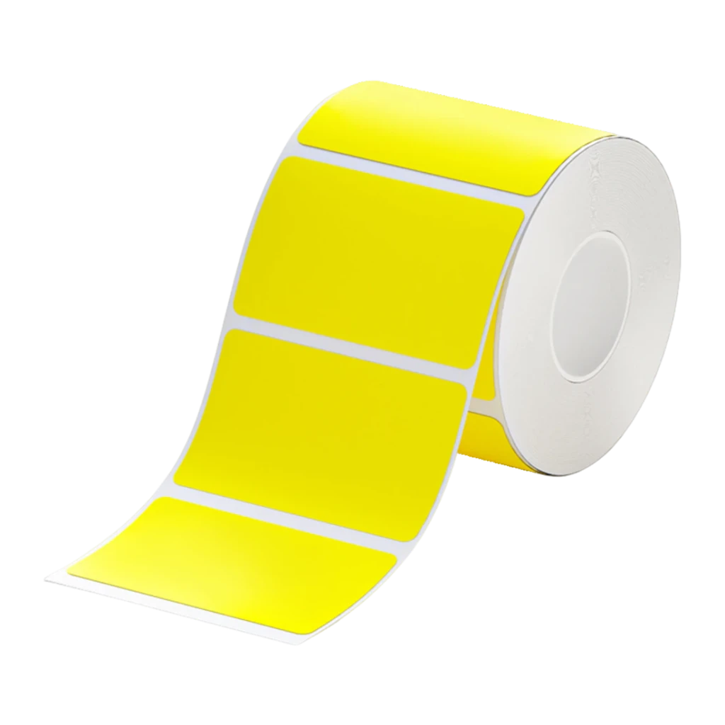 Etiquetas Térmicas Niimbot Bicolor Amarillo T50x30-230, vista frontal: rollo en ángulo con etiquetas amarillas desplegadas