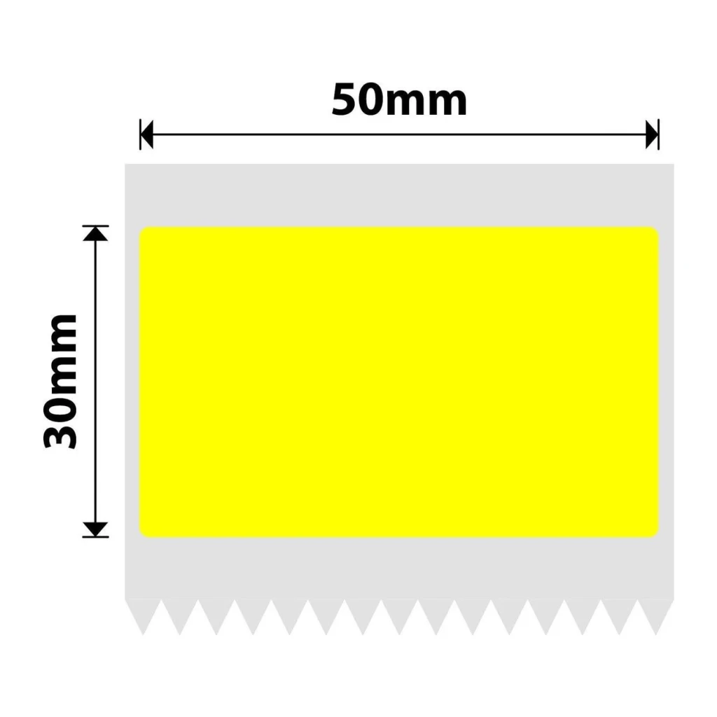 Étiquettes Thermiques Niimbot Bicolore Jaune T50x30-230, schéma: étiquette jaune sur fond gris avec cotes 50x30mm