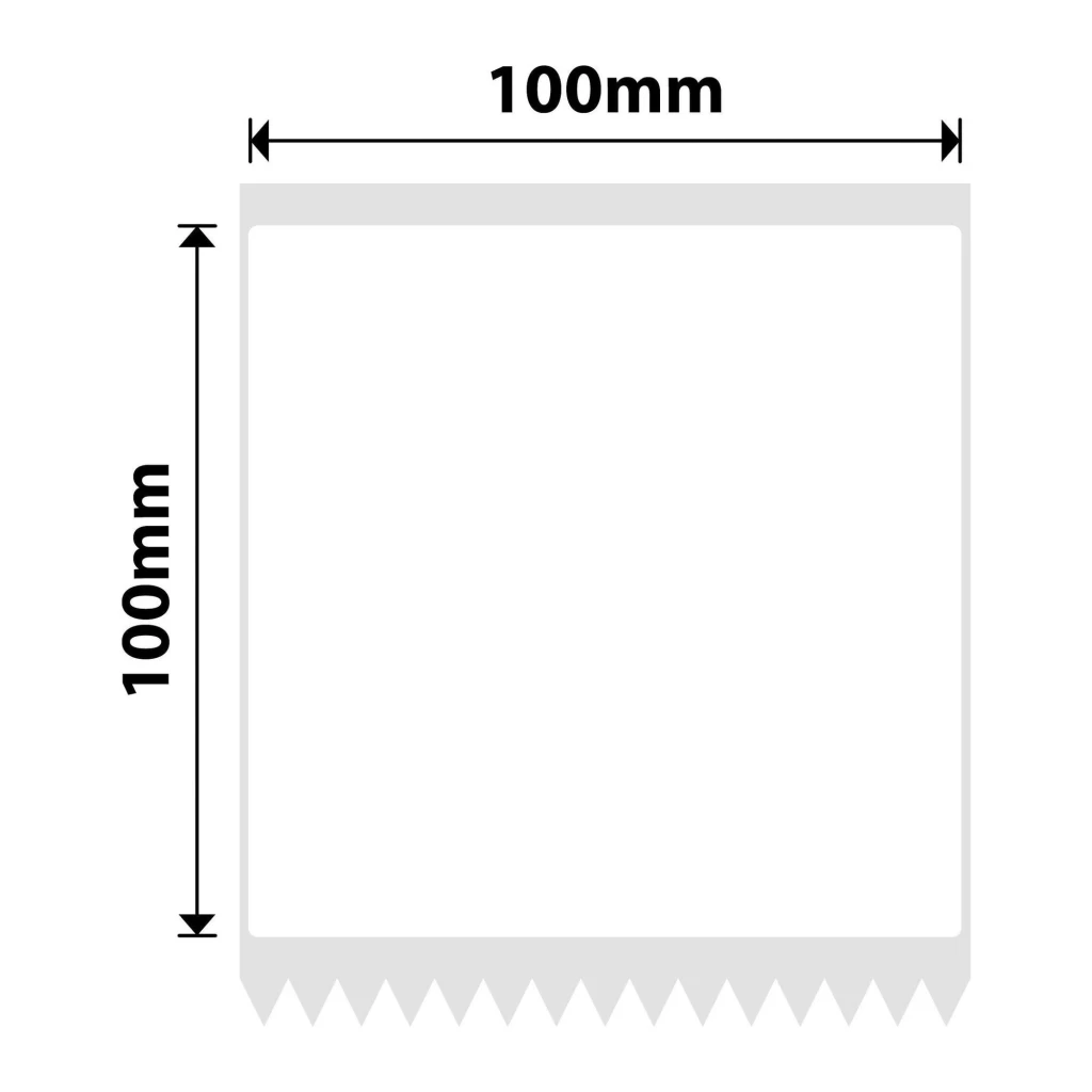 Etiquetas Térmicas Niimbot 100x100mm 75 uds Blanco T100x100-75, diagrama: medidas 100x100mm con borde dentado inferior
