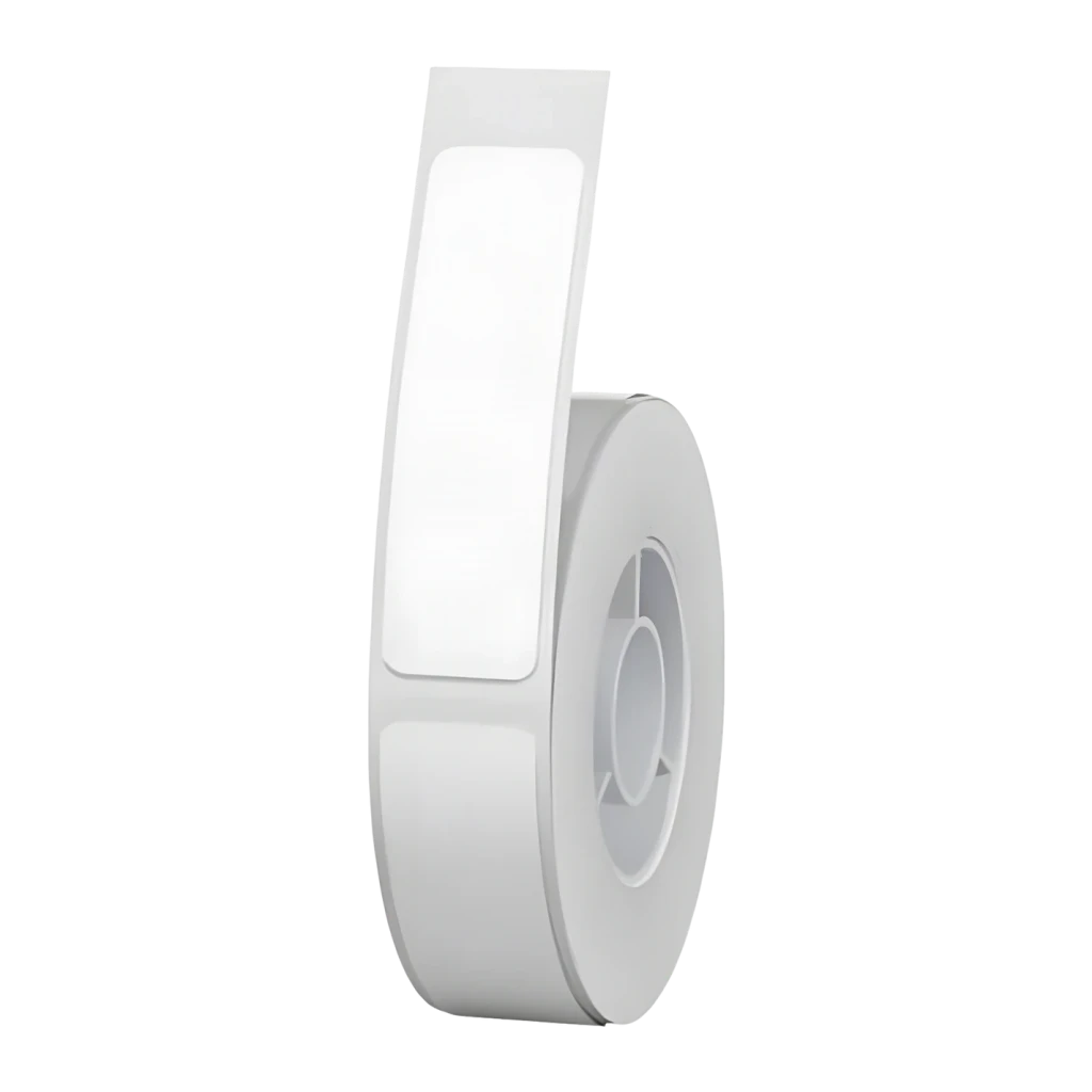 Etiquetas Térmicas Niimbot Blanco T12×40-160, vista frontal: rollo en espiral con etiqueta desplegada sobre fondo negro