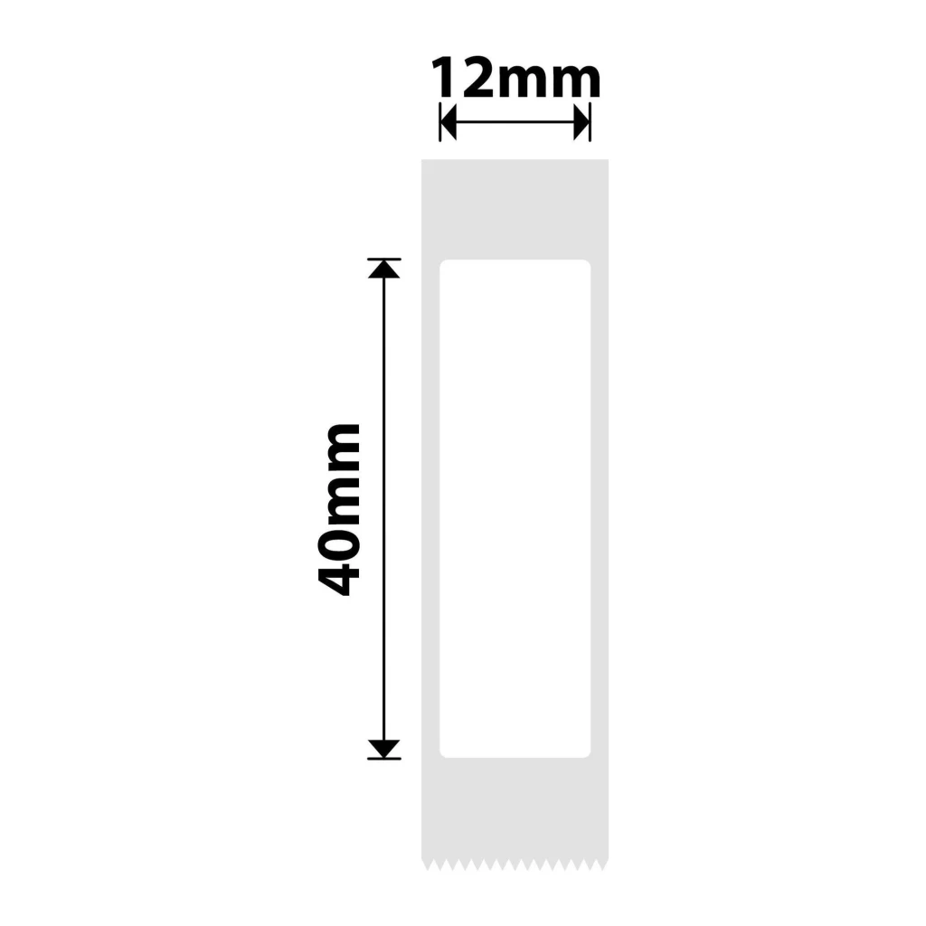 Etiquetas Térmicas Niimbot Blanco T12×40-160, diagrama: cotas 12mm ancho y 40mm alto con borde dentado