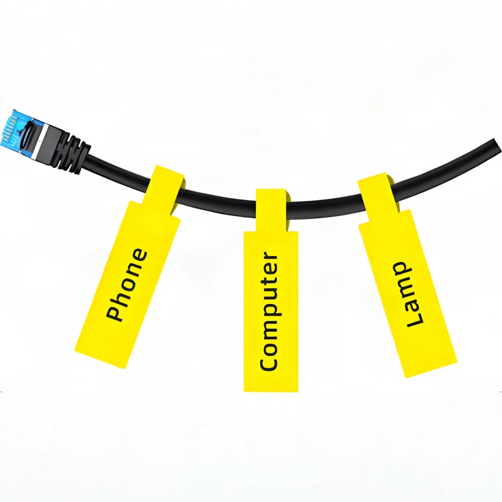 Etiquetas térmicas Niimbot Amarillo T12.5*74+35-65, en uso: 3 etiquetas amarillas identificando cables con texto Phone